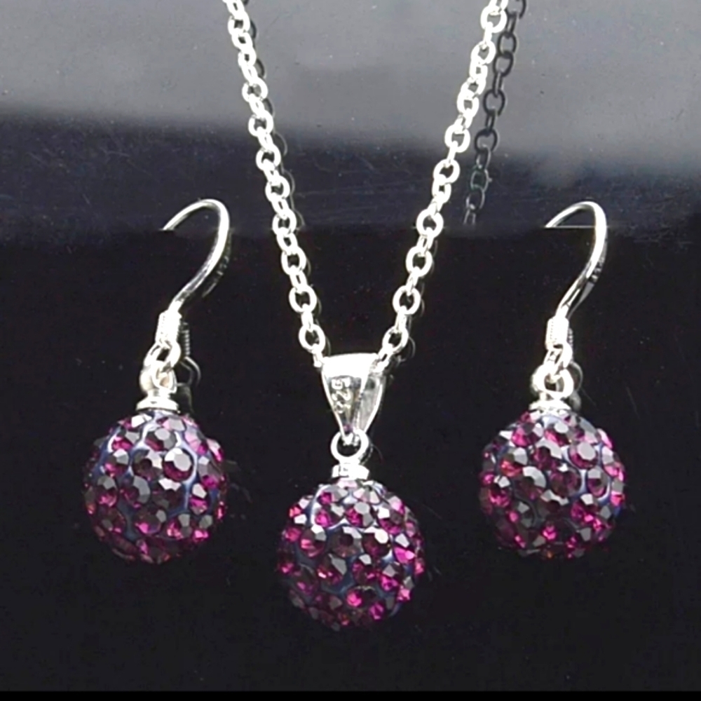 Necklace and earrings sterling silver Austria crystal  dark burgund NWT